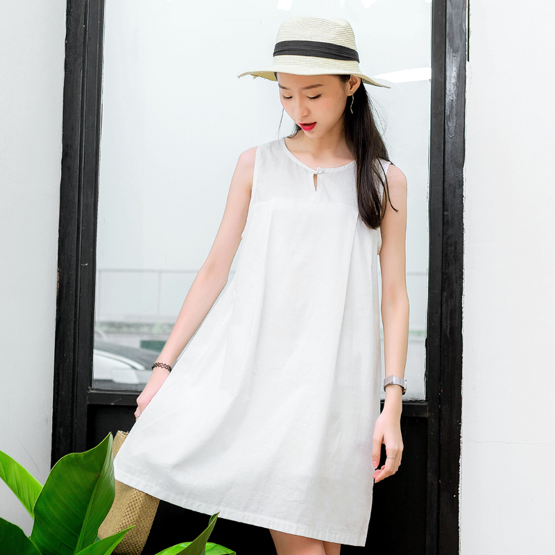 夏季新款韓版女裝無袖森女連衣裙中長款寬松白色A字裙子仙潮
