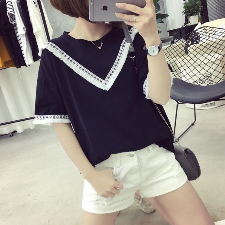 韓國新款學院風短款夏季短袖上衣復古t恤衫女裝大碼寬松春裝體恤