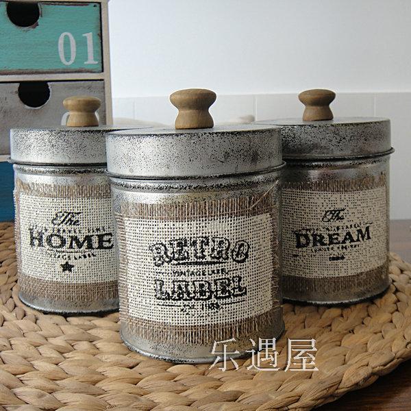 美式鄉村復古鐵皮收納罐麻質貼布裝飾罐咖啡店櫥窗陳列道具