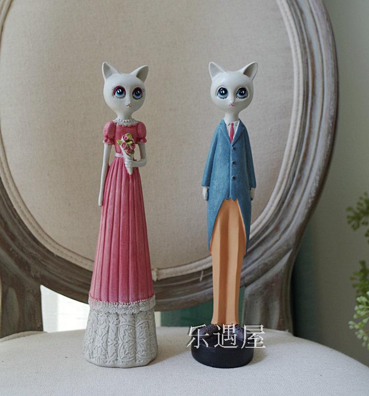 美式法式鄉村家居裝飾工藝品高檔樹脂擺件大眼情侶貓結婚禮物