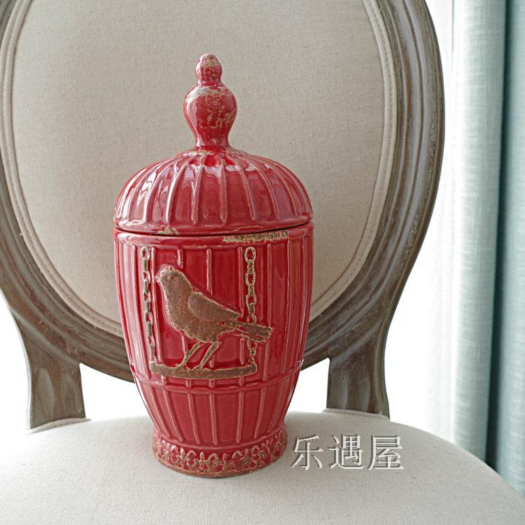 美式法式鄉村復古做舊彩釉紅色鳥籠裝飾罐儲物罐裝飾器皿擺件