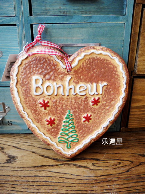 田園鄉村仿餅干陶瓷工藝裝飾掛牌心形裝飾牌bonheur幸福主題