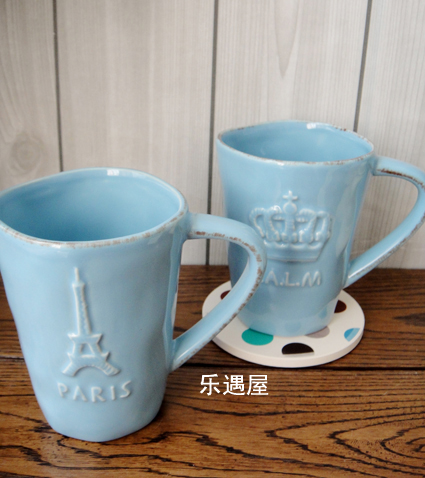 雜貨ZAKKA陶瓷杯做舊不規則創意馬克杯水杯咖啡杯地中海藍白2色