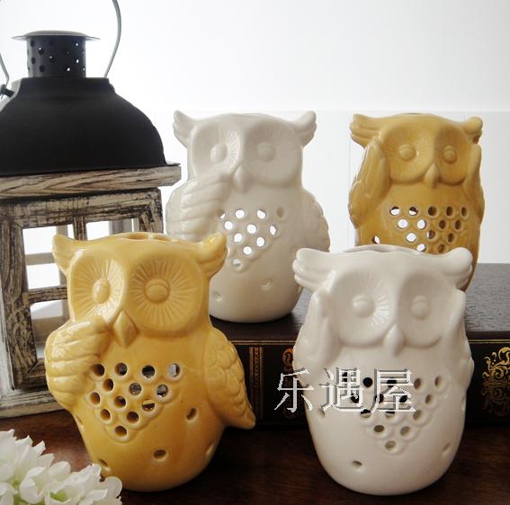 田園地中海風格陶瓷做舊可愛鏤空貓頭鷹燭臺情調家居裝飾品