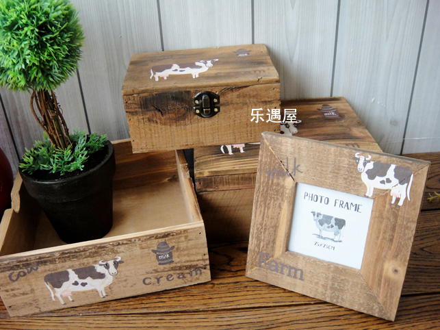鄉村風格做舊款粗獷原木收納盒儲物盒可愛奶牛