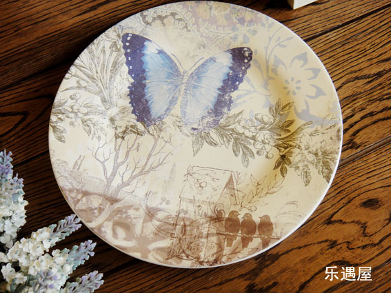 陶瓷工藝品彩繪裝飾盤復古鄉村范藍色蝴蝶
