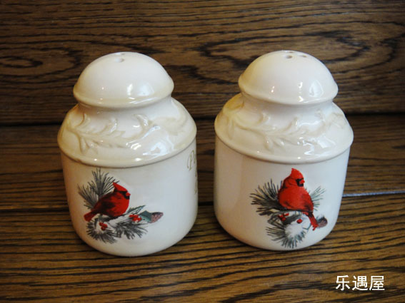 出口歐單廚房陶瓷手繪調味椒鹽瓶二件套紅色小鳥棲松枝