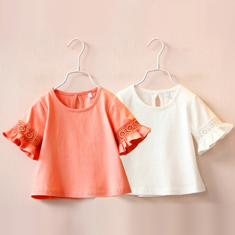 寶寶蕾絲T恤女 夏裝韓版純色女童童裝 兒童短袖上衣 tx-7107