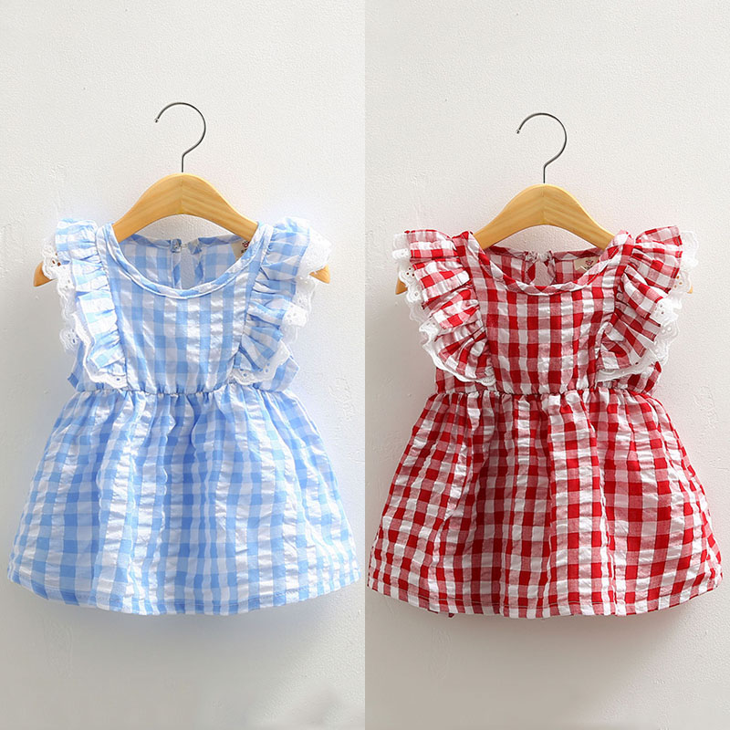 寶寶格子裙衣女 夏裝韓版新款女童童裝 兒童飛袖T恤潮tx-5329