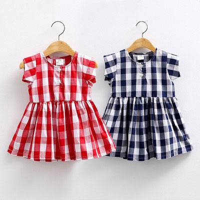 寶寶格子裙衫 夏裝新款韓版女童童裝 兒童飛袖T恤 潮tx-7061