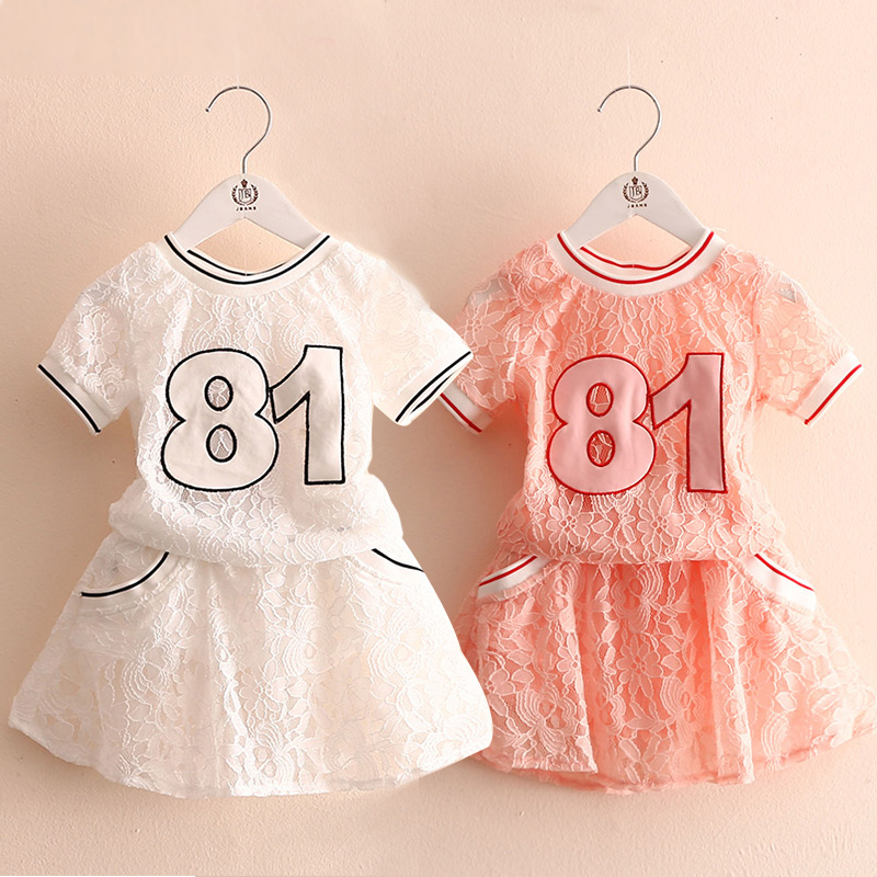 寶寶蕾絲數字套裝 夏裝新款女童童裝 兒童短袖T恤裙褲tz-2986