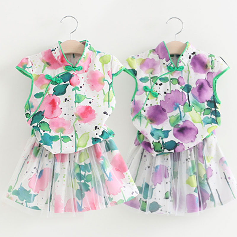 寶寶旗袍套裝 夏裝韓版新款女童童裝兒童印花兩件套tz-3019