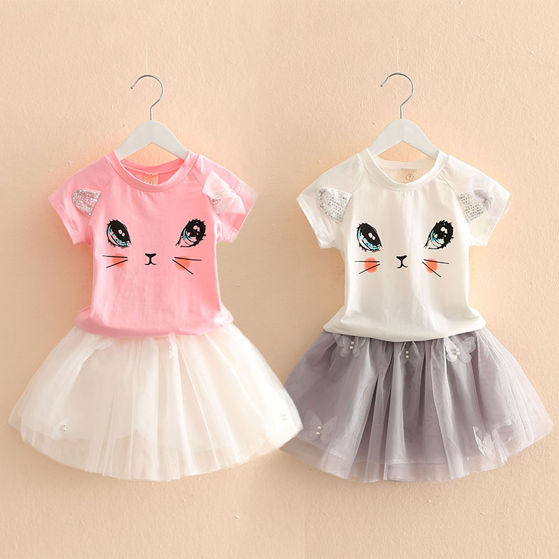寶寶貓咪套裝 夏裝新款女童童裝 兒童T恤腰裙兩件套 tz-3091
