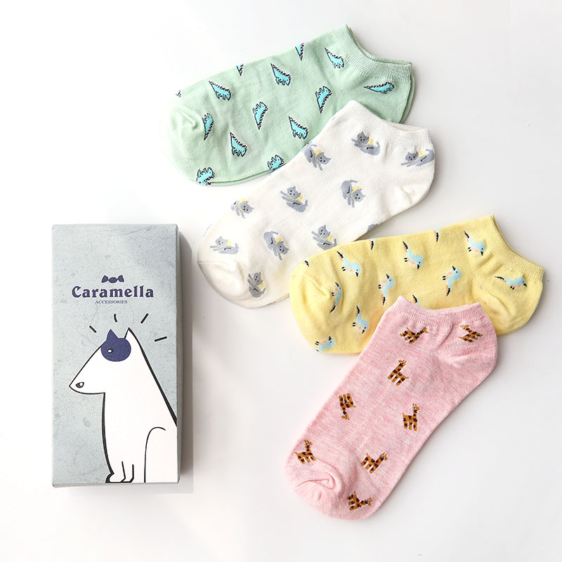 春夏卡通可愛小動物女襪4雙裝禮盒裝襪子甜美棉質女生船襪短襪