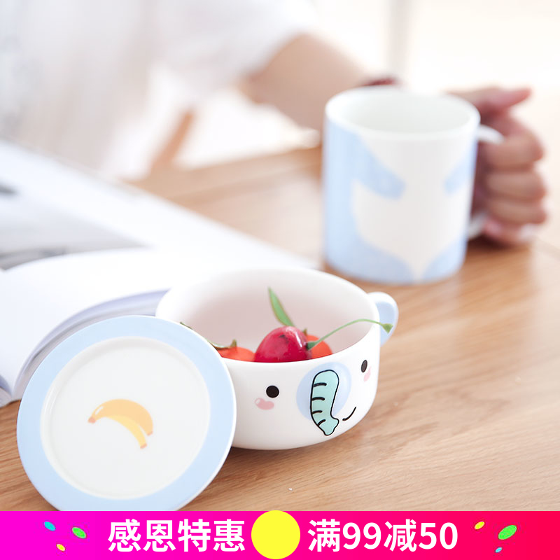Q可愛萌系立體動物卡通陶瓷杯碗組合創意奶茶杯馬克杯碗蓋杯水