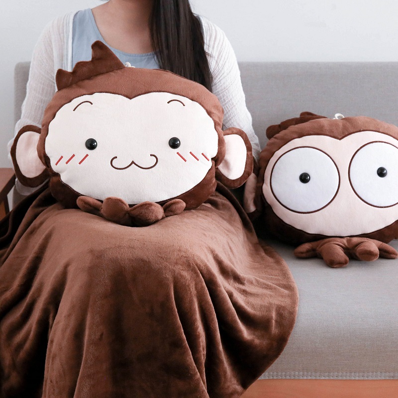 冬季可愛卡通猴子暖手捂多功能毛毯子抱枕靠墊三合一午休保暖