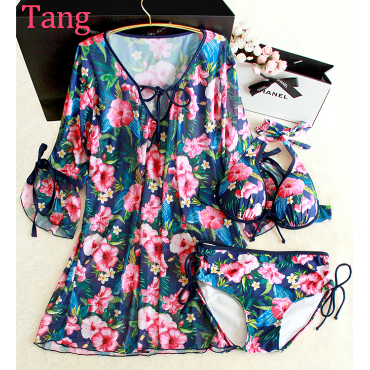 韓國泳衣花卉印花中袖防曬罩衫比基尼三件套小胸聚攏海邊度假泳裝