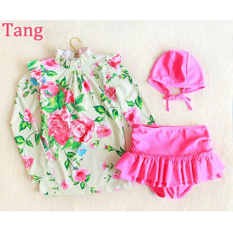 兒童泳衣女童寶寶出口韓國花朵碎花長袖分體裙式防曬游泳衣三件套