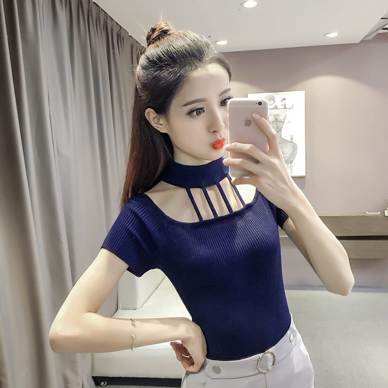 韓版夏裝新款百搭鏤空圓領上衣修身顯瘦T恤女士短袖針織打底小衫