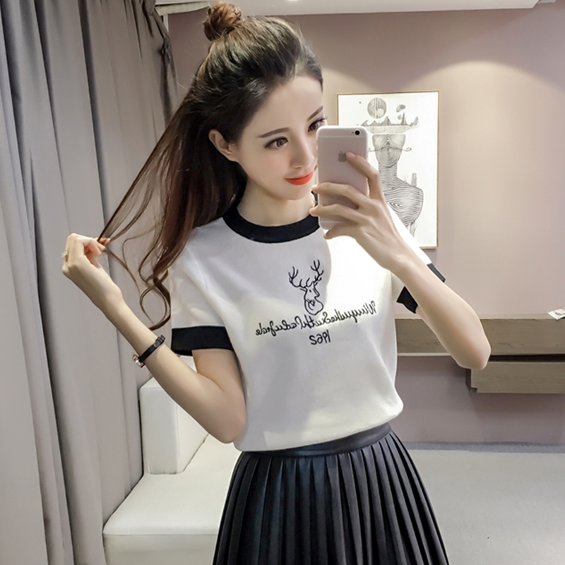 韓版夏裝新款小鹿繡花打底上衣修身顯瘦T恤女士短袖套頭針織小衫