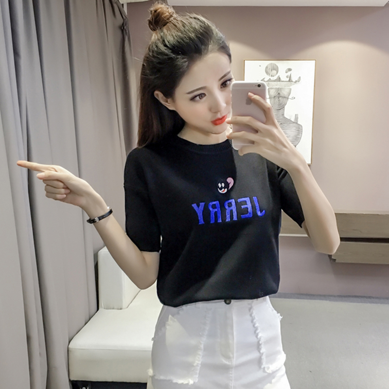 韓版夏裝新款卡通圓領上衣修身顯瘦t恤女士短袖套頭針織打底小衫
