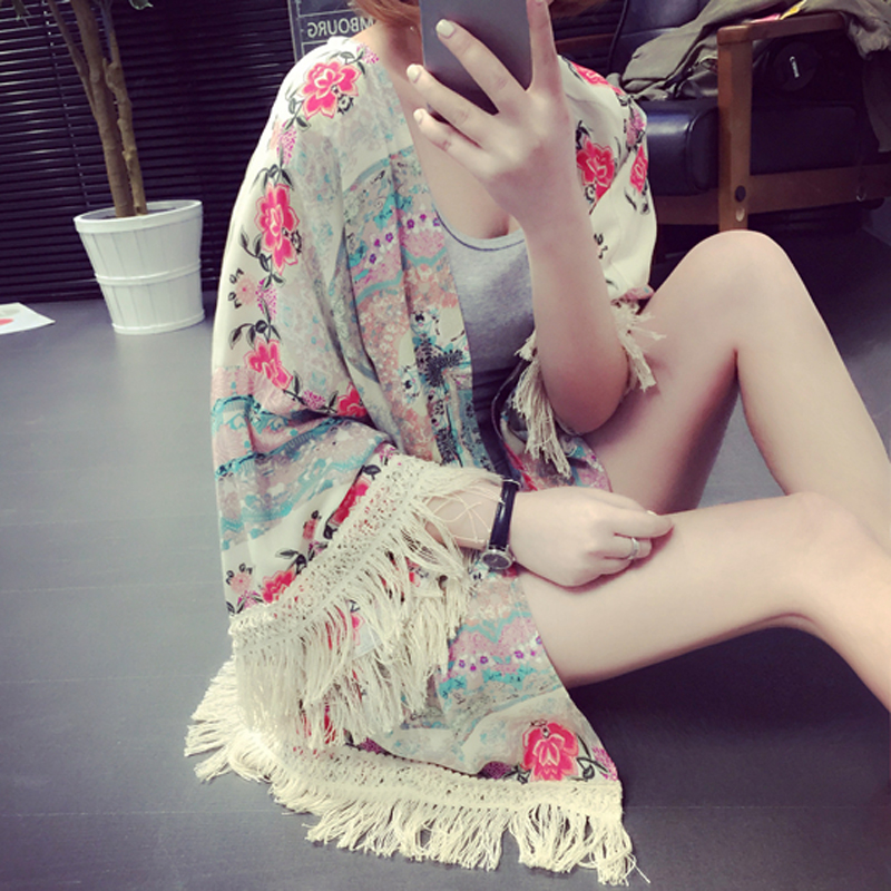 夏季韓版女裝新款流蘇寬松披肩薄外套顯瘦雪紡開衫沙灘防曬衣