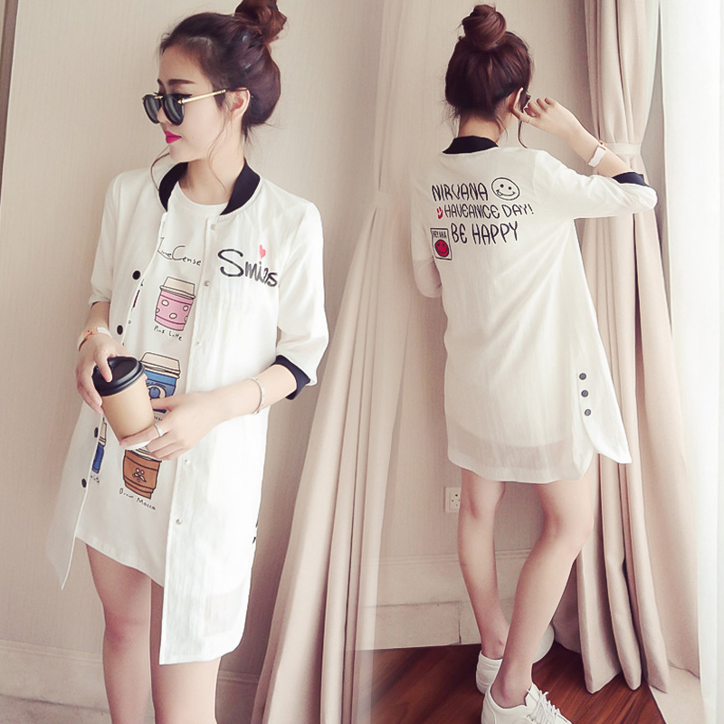 韓版夏裝新款字母印花風衣中長款空調開衫大碼薄外套寬松防曬衣女