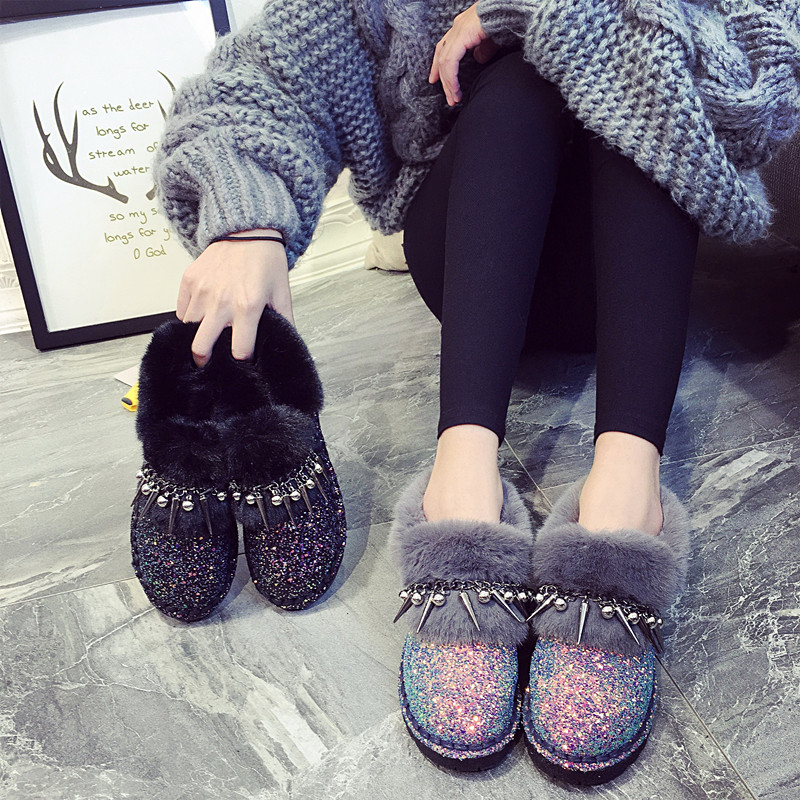 冬季新款防滑平底雪地靴女亮片短靴韓版學生加絨毛毛保暖棉鞋