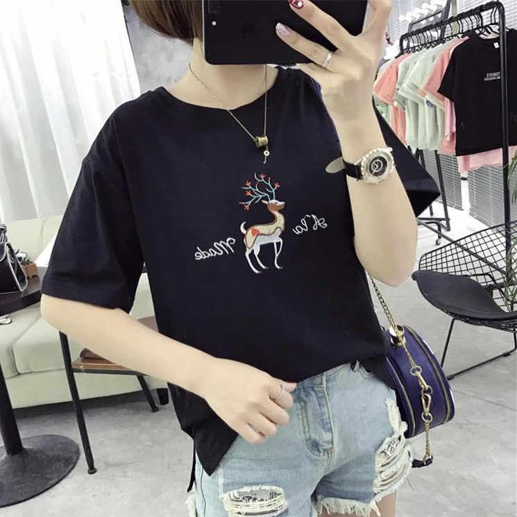 夏季韓版大碼情侶短袖t恤女卡通小鹿刺繡上衣顯瘦短款半截袖小衫