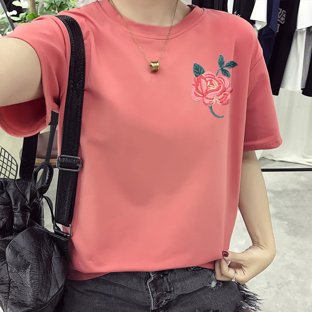夏裝女裝短袖t恤女學生刺繡玫瑰花套頭小衫顯瘦大碼體恤韓版上衣