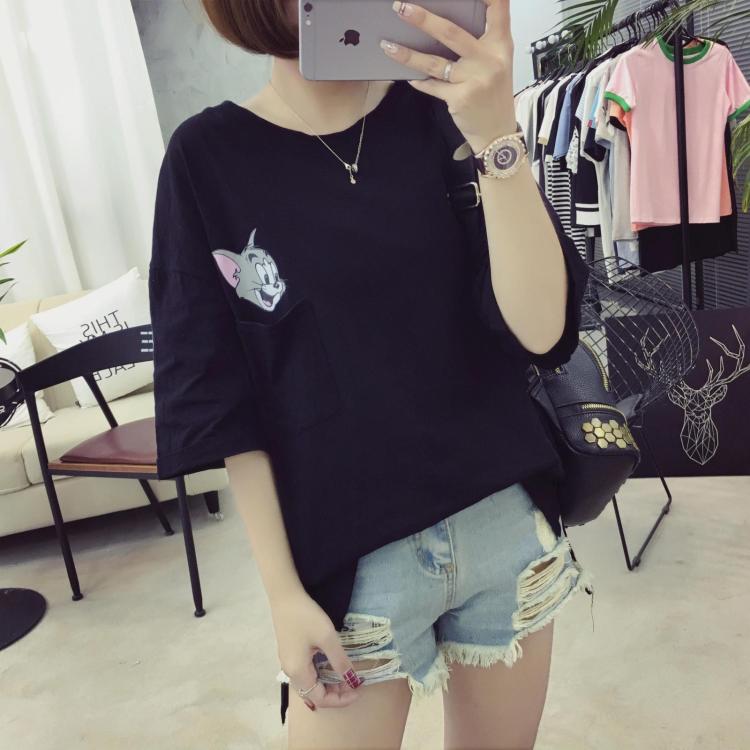 韓國夏裝卡通新款t恤女短袖女裝上衣寬松竹節棉中長款學生體恤衫