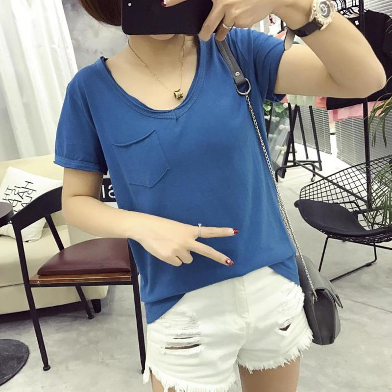 韓版新款寬松夏季上衣純色t恤女裝短袖顯瘦大碼學生半袖V領打底衫