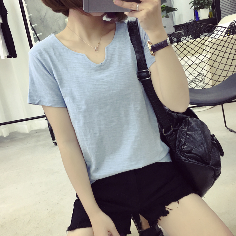 夏季韓版女裝純色竹節棉上衣女寬松短袖大碼夏裝T恤衫潮學生打底