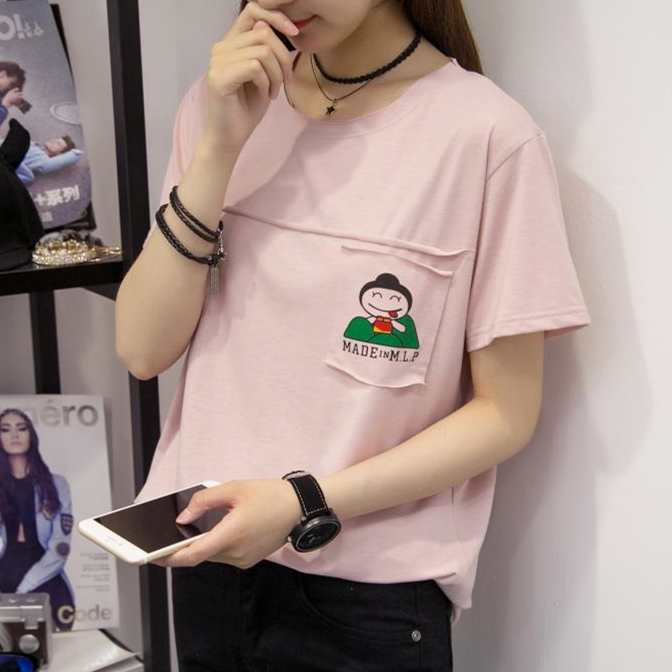 韓國新款卡通大碼體恤衫學生夏裝上衣寬松露肩短袖t恤女打底