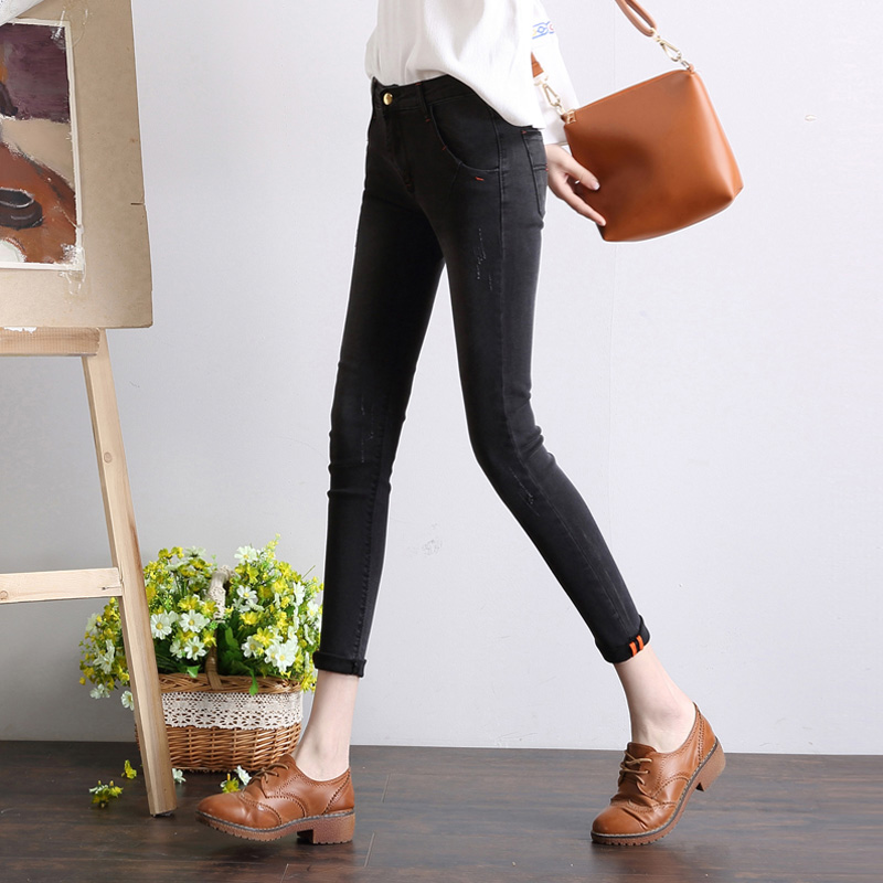 春季新款韓國緊身九分牛仔褲女卷邊彈力小腳鉛筆褲子顯瘦長褲
