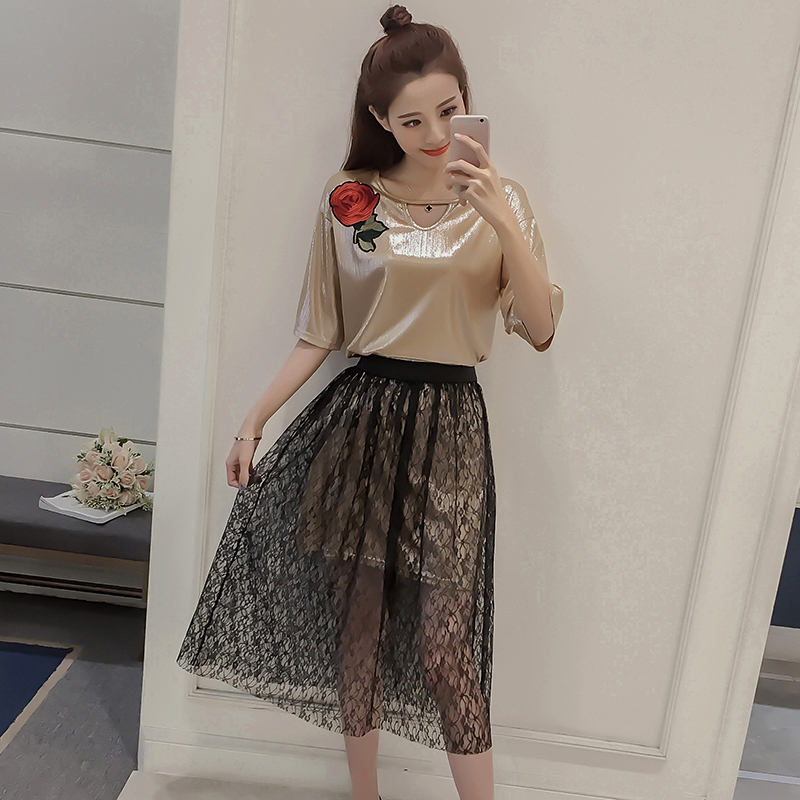 夏季新款女裝韓版時尚刺繡上衣兩件套休閑顯瘦蕾絲半身裙套裝