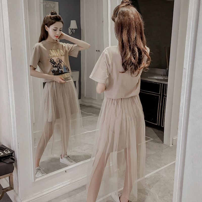 夏季新款女裝韓版網紗兩件套裝裙子中長款修身顯瘦短袖連衣裙