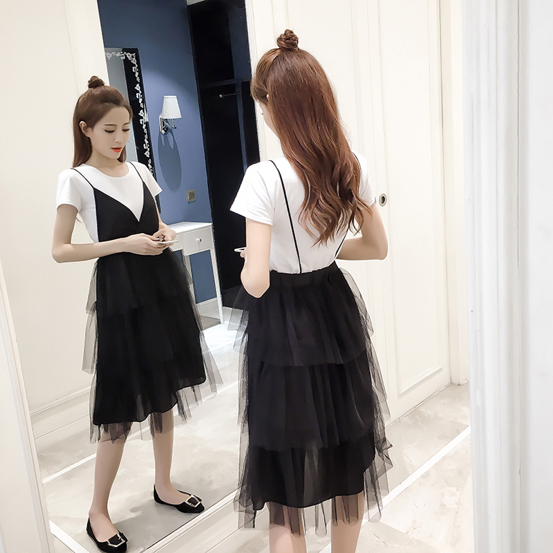 夏季新款女裝韓版網紗吊帶裙兩件套中長款顯瘦短袖蓬蓬連衣裙