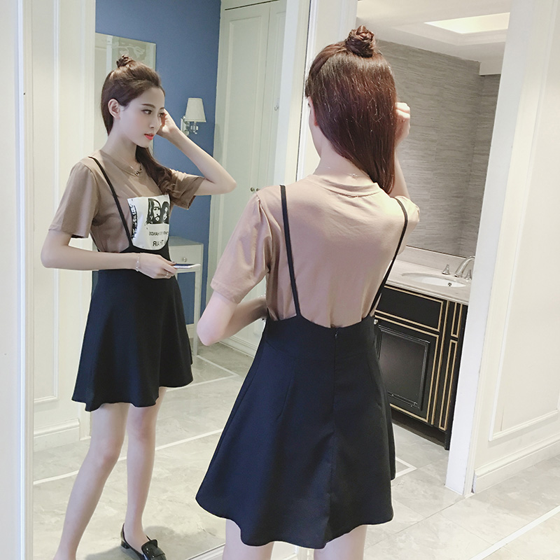 夏季新款女裝韓版時尚印花短袖T恤+吊帶裙顯瘦休閑兩件套裝裙