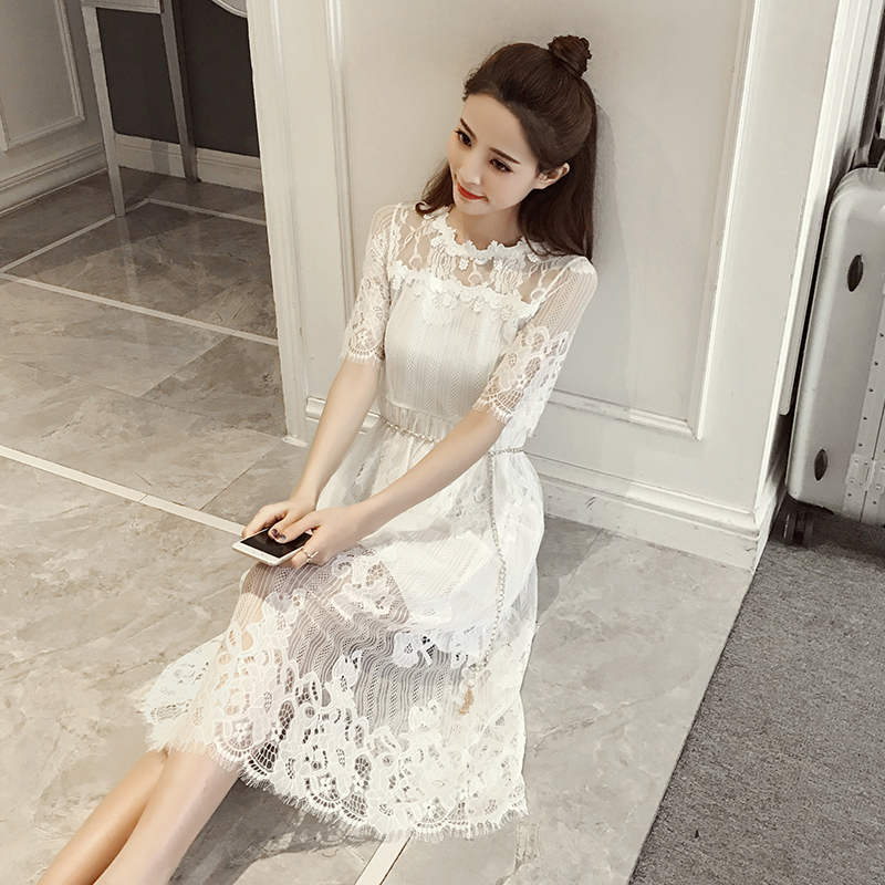 夏季新款女裝韓版中長款沙灘裙女修身收腰白色蕾絲短袖連衣裙