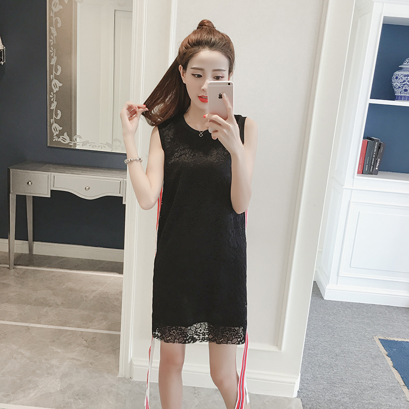 夏季新款女裝韓版時尚織帶裙子中長款顯瘦無袖蕾絲連衣裙女夏