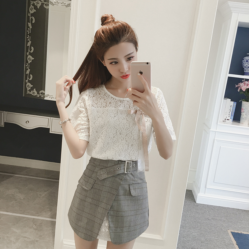 夏季新款韓版小香風蕾絲衫兩件套女休閑格子半身短裙時尚套裝