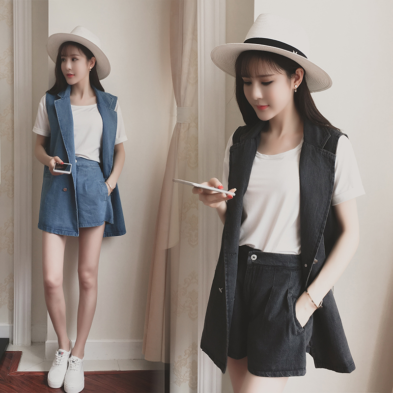 夏季新款韓版時尚小香風馬甲外套牛仔套裝女休閑短褲兩件套潮