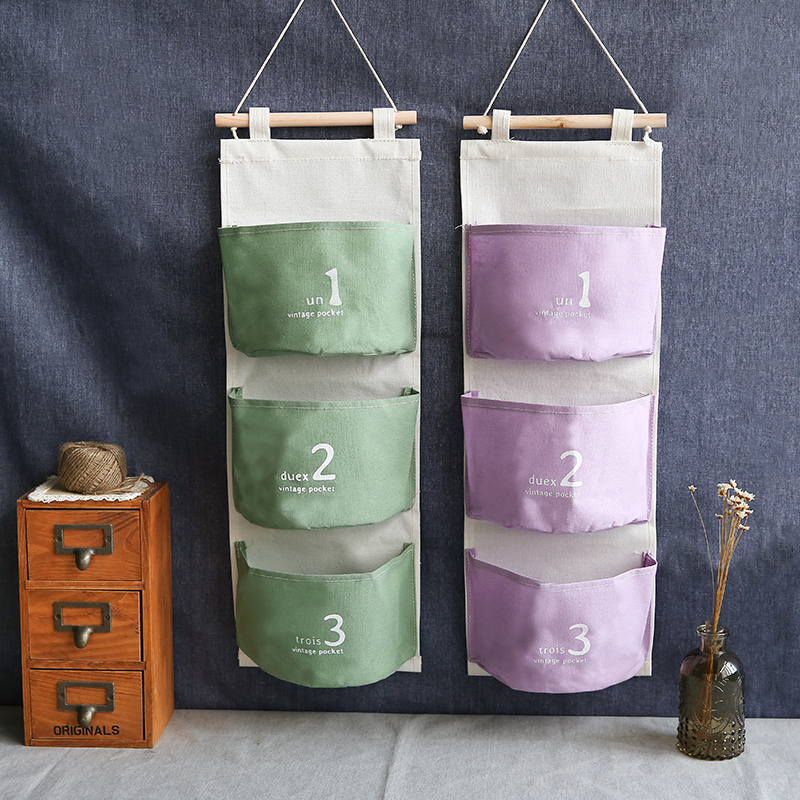 ZAKKA三兜連體掛袋棉麻布藝墻壁門后裝飾雜物收納袋
