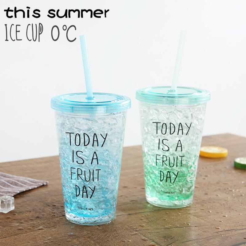0°夏日冰杯創意雙層清涼吸管杯冰飲杯降溫隔層果汁水杯
