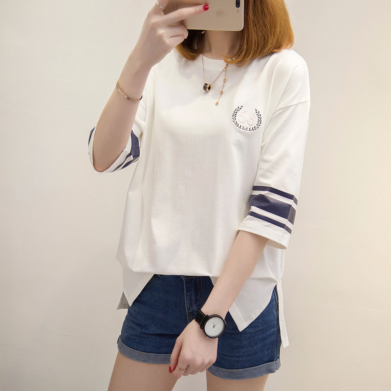 夏裝新款女條紋寬松白色t恤女上衣韓版學生打底體恤衫薄款夏